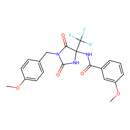 3-methoxy-N-[1-[(4-methoxyphenyl)methyl]-2,5-dioxo-4-(trifluoromethyl)imidazolidin-4-yl]benzamide structure