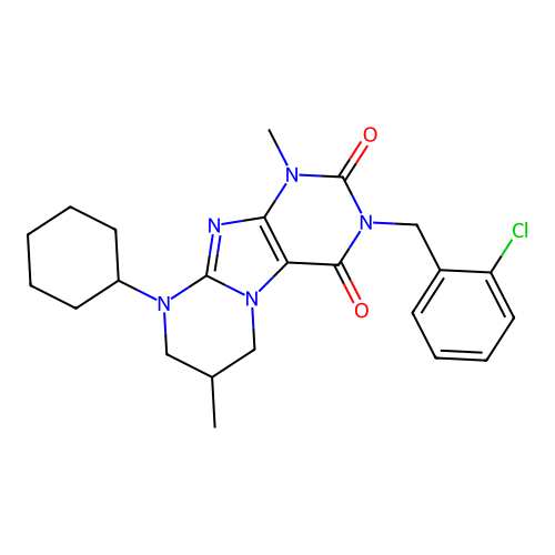 3-(2-chlorobenzyl)-9-cyclohexyl-1,7-dimethyl-6,7,8,9-tetrahydropyrimido[2,1-f]purine-2,4(1H,3H)-dione structure