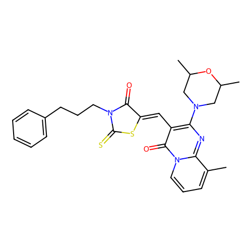 2-(2,6-dimethylmorpholin-4-yl)-9-methyl-3-{(Z)-[4-oxo-3-(3-phenylpropyl)-2-thioxo-1,3-thiazolidin-5-ylidene]methyl}-4H-pyrido[1,2-a]pyrimidin-4-one structure