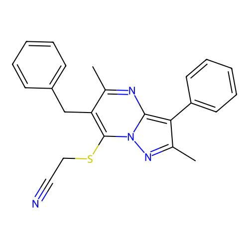 2-(6-benzyl-2,5-dimethyl-3-phenylpyrazolo[1,5-a]pyrimidin-7-yl)sulfanylacetonitrile structure