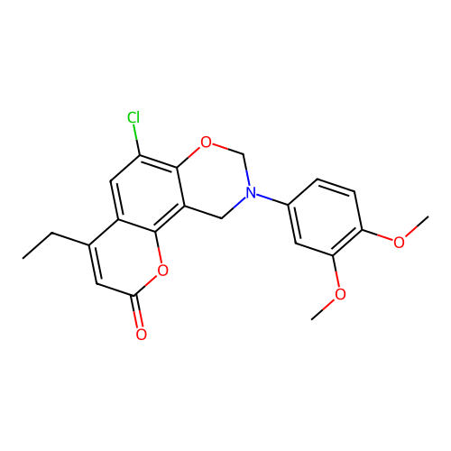 6-chloro-9-(3,4-dimethoxyphenyl)-4-ethyl-8,10-dihydropyrano[2,3-f][1,3]benzoxazin-2-one structure