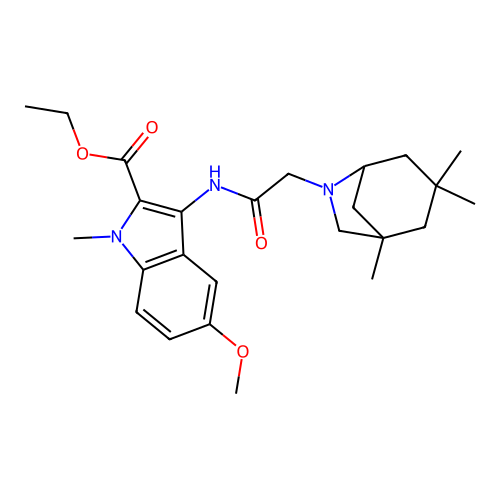 ethyl 5-methoxy-1-methyl-3-(2-(1,3,3-trimethyl-6-azabicyclo[3.2.1]octan-6-yl)acetamido)-1H-indole-2-carboxylate structure