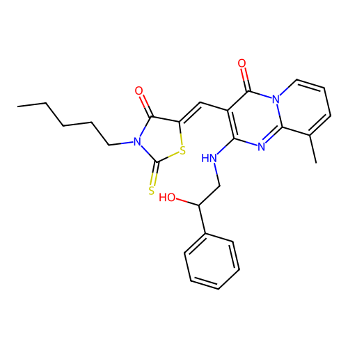 2-[(2-hydroxy-2-phenylethyl)amino]-9-methyl-3-[(Z)-(4-oxo-3-pentyl-2-thioxo-1,3-thiazolidin-5-ylidene)methyl]-4H-pyrido[1,2-a]pyrimidin-4-one structure