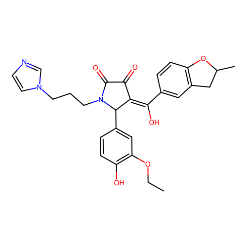 (4E)-5-(3-ethoxy-4-hydroxyphenyl)-4-[hydroxy-(2-methyl-2,3-dihydro-1-benzofuran-5-yl)methylidene]-1-(3-imidazol-1-ylpropyl)pyrrolidine-2,3-dione structure