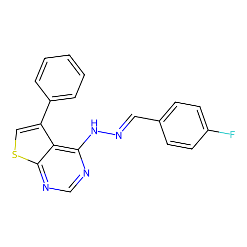 4-[(2E)-2-(4-fluorobenzylidene)hydrazinyl]-5-phenylthieno[2,3-d]pyrimidine structure
