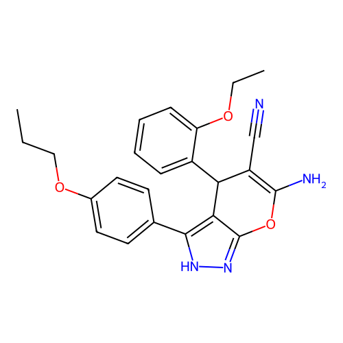6-amino-4-(2-ethoxyphenyl)-3-(4-propoxyphenyl)-2,4-dihydropyrano[2,3-c]pyrazole-5-carbonitrile structure
