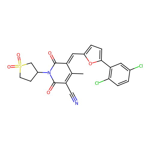 (5E)-5-[[5-(2,5-dichlorophenyl)furan-2-yl]methylidene]-1-(1,1-dioxothiolan-3-yl)-4-methyl-2,6-dioxopyridine-3-carbonitrile structure