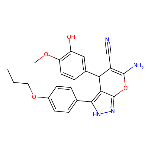 6-amino-4-(3-hydroxy-4-methoxyphenyl)-3-(4-propoxyphenyl)-2,4-dihydropyrano[2,3-c]pyrazole-5-carbonitrile structure