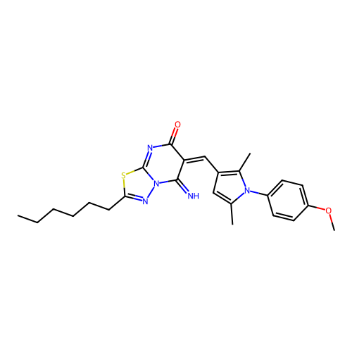 (6E)-2-hexyl-5-imino-6-[[1-(4-methoxyphenyl)-2,5-dimethylpyrrol-3-yl]methylidene]-[1,3,4]thiadiazolo[3,2-a]pyrimidin-7-one structure