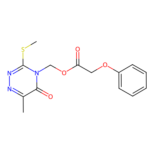 (6-methyl-3-(methylthio)-5-oxo-1,2,4-triazin-4(5H)-yl)methyl 2-phenoxyacetate structure