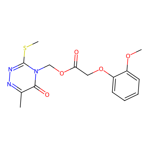(6-methyl-3-(methylthio)-5-oxo-1,2,4-triazin-4(5H)-yl)methyl 2-(2-methoxyphenoxy)acetate structure