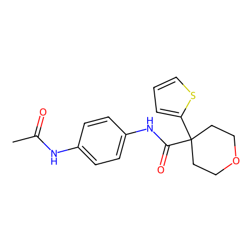 N-(4-acetamidophenyl)-4-thiophen-2-yloxane-4-carboxamide structure
