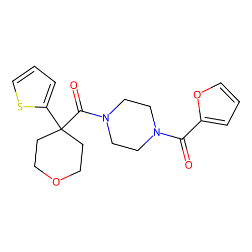 Furan-2-yl-[4-(4-thiophen-2-yloxane-4-carbonyl)piperazin-1-yl]methanone structure