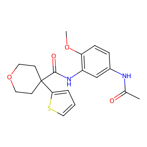 N-(5-acetamido-2-methoxyphenyl)-4-thiophen-2-yloxane-4-carboxamide structure
