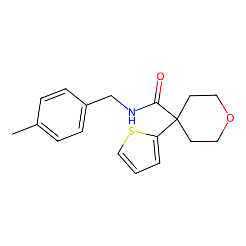 N-[(4-methylphenyl)methyl]-4-thiophen-2-yloxane-4-carboxamide structure