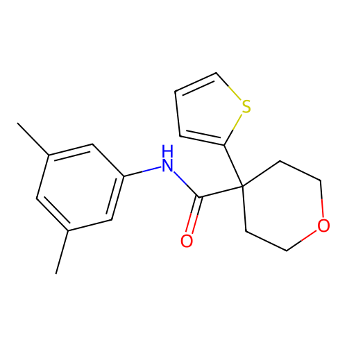 N-(3,5-dimethylphenyl)-4-thiophen-2-yloxane-4-carboxamide structure