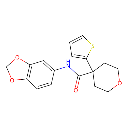 N-(benzo[d][1,3]dioxol-5-yl)-4-(thiophen-2-yl)tetrahydro-2H-pyran-4-carboxamide structure