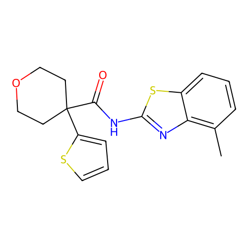 N-(4-methyl-1,3-benzothiazol-2-yl)-4-thiophen-2-yloxane-4-carboxamide structure