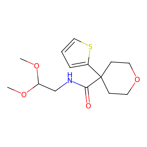 N-(2,2-dimethoxyethyl)-4-(thiophen-2-yl)tetrahydro-2H-pyran-4-carboxamide structure