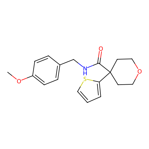 N-[(4-methoxyphenyl)methyl]-4-thiophen-2-yloxane-4-carboxamide structure