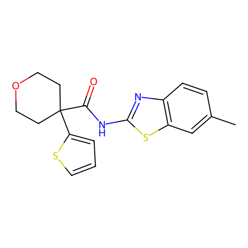 N-(6-methyl-1,3-benzothiazol-2-yl)-4-thiophen-2-yloxane-4-carboxamide structure