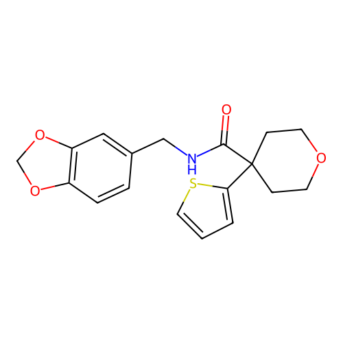 N-(1,3-benzodioxol-5-ylmethyl)-4-thiophen-2-yloxane-4-carboxamide structure