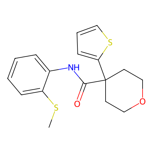 N-(2-methylsulfanylphenyl)-4-thiophen-2-yloxane-4-carboxamide structure