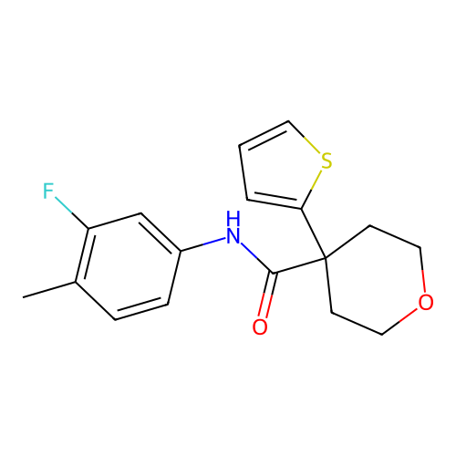 N-(3-fluoro-4-methylphenyl)-4-thiophen-2-yloxane-4-carboxamide structure