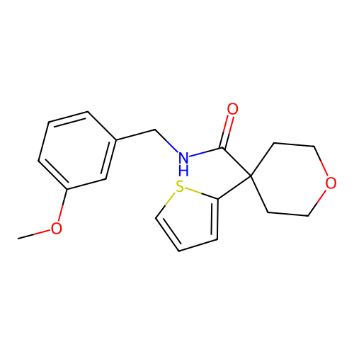 N-[(3-methoxyphenyl)methyl]-4-thiophen-2-yloxane-4-carboxamide structure