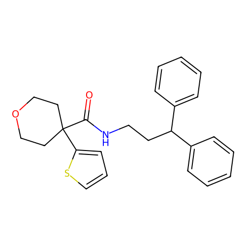 N-(3,3-diphenylpropyl)-4-thiophen-2-yloxane-4-carboxamide structure