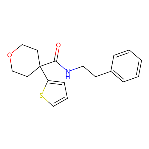 N-phenethyl-4-(thiophen-2-yl)tetrahydro-2H-pyran-4-carboxamide structure