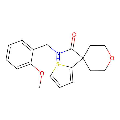 N-(2-methoxybenzyl)-4-(thiophen-2-yl)tetrahydro-2H-pyran-4-carboxamide structure