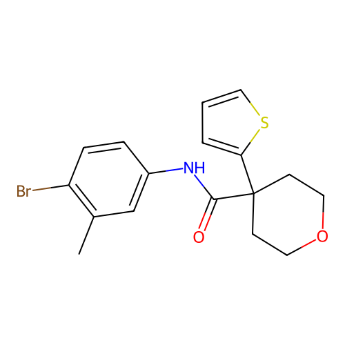 N-(4-bromo-3-methylphenyl)-4-thiophen-2-yloxane-4-carboxamide structure