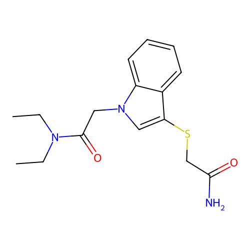 2-[3-(2-amino-2-oxoethyl)sulfanylindol-1-yl]-N,N-diethylacetamide structure