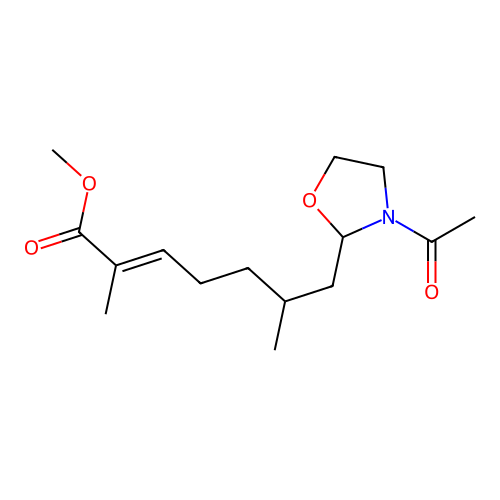 2-Heptenoic acid, 7-(3-acetyl-2-oxazolidinyl)-2,6-dimethyl-, methyl ester structure