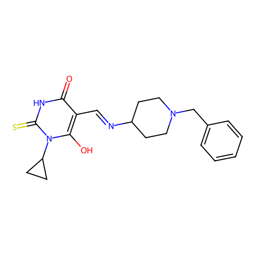(5E)-5-[[(1-benzylpiperidin-4-yl)amino]methylidene]-1-cyclopropyl-2-sulfanylidene-1,3-diazinane-4,6-dione structure