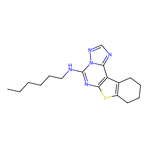 N-hexyl-8,9,10,11-tetrahydro[1]benzothieno[3,2-e][1,2,4]triazolo[1,5-c]pyrimidin-5-amine structure