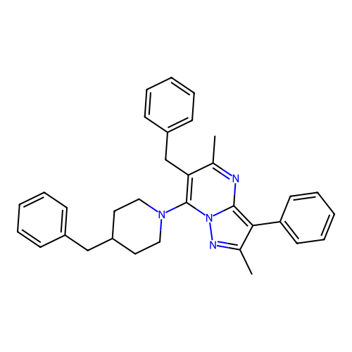 6-benzyl-7-(4-benzylpiperidin-1-yl)-2,5-dimethyl-3-phenylpyrazolo[1,5-a]pyrimidine structure