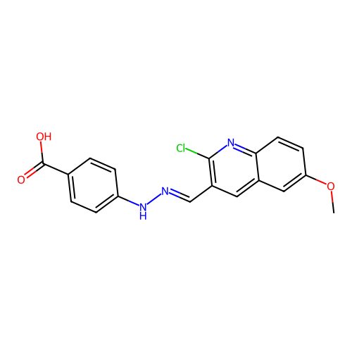 4-{(2E)-2-[(2-chloro-6-methoxyquinolin-3-yl)methylidene]hydrazinyl}benzoic acid structure