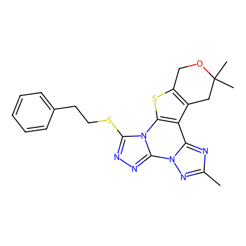2,12,12-trimethyl-7-(phenethylthio)-12,13-dihydro-10H-pyrano[4',3':4,5]thieno[3,2-e]bis([1,2,4]triazolo)[4,3-a:1',5'-c]pyrimidine structure