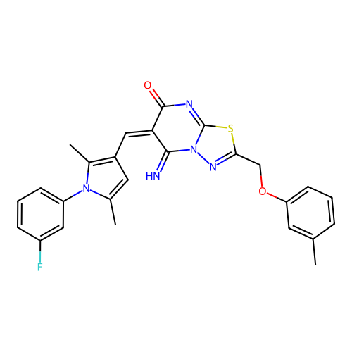 (E)-6-((1-(3-fluorophenyl)-2,5-dimethyl-1H-pyrrol-3-yl)methylene)-5-imino-2-((m-tolyloxy)methyl)-5H-[1,3,4]thiadiazolo[3,2-a]pyrimidin-7(6H)-one structure