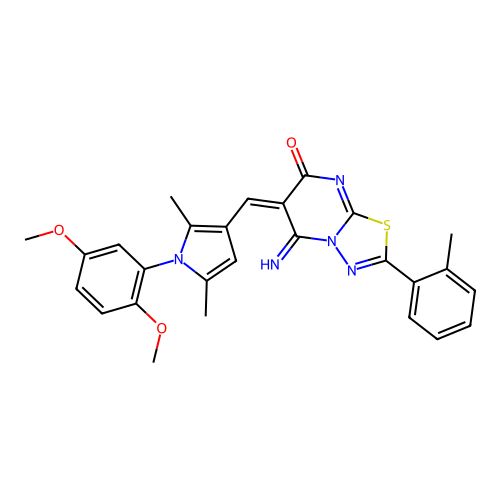 (E)-6-((1-(2,5-dimethoxyphenyl)-2,5-dimethyl-1H-pyrrol-3-yl)methylene)-5-imino-2-(o-tolyl)-5H-[1,3,4]thiadiazolo[3,2-a]pyrimidin-7(6H)-one structure