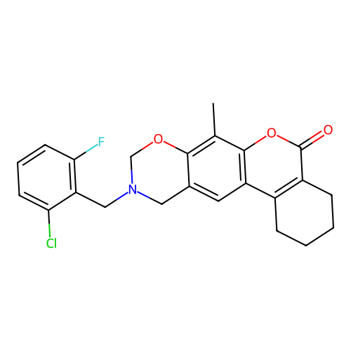 10-(2-chloro-6-fluorobenzyl)-7-methyl-1,2,3,4,10,11-hexahydro-5H,9H-benzo[3,4]chromeno[6,7-e][1,3]oxazin-5-one structure