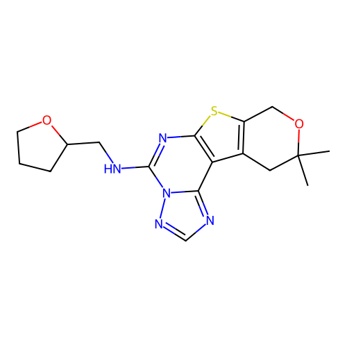 10,10-dimethyl-N-((tetrahydrofuran-2-yl)methyl)-10,11-dihydro-8H-pyrano[4',3':4,5]thieno[3,2-e][1,2,4]triazolo[1,5-c]pyrimidin-5-amine structure