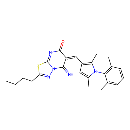 (6E)-2-butyl-6-[[1-(2,6-dimethylphenyl)-2,5-dimethylpyrrol-3-yl]methylidene]-5-imino-[1,3,4]thiadiazolo[3,2-a]pyrimidin-7-one structure