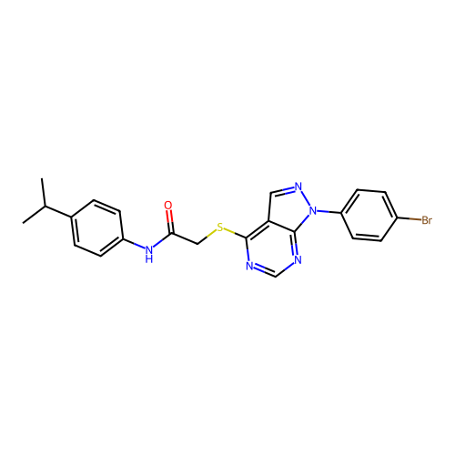 2-[1-(4-bromophenyl)pyrazolo[3,4-d]pyrimidin-4-yl]sulfanyl-N-(4-propan-2-ylphenyl)acetamide structure