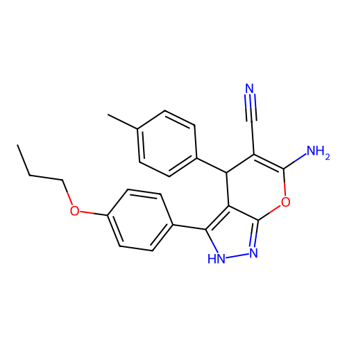 6-amino-4-(4-methylphenyl)-3-(4-propoxyphenyl)-2,4-dihydropyrano[2,3-c]pyrazole-5-carbonitrile structure