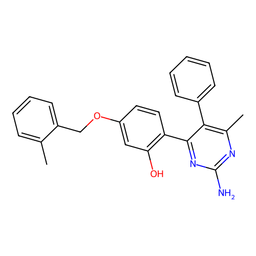 2-(2-Amino-6-methyl-5-phenylpyrimidin-4-yl)-5-[(2-methylphenyl)methoxy]phenol structure