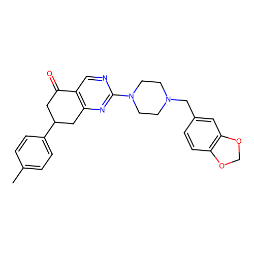 2-[4-(1,3-benzodioxol-5-ylmethyl)piperazin-1-yl]-7-(4-methylphenyl)-7,8-dihydroquinazolin-5(6H)-one structure