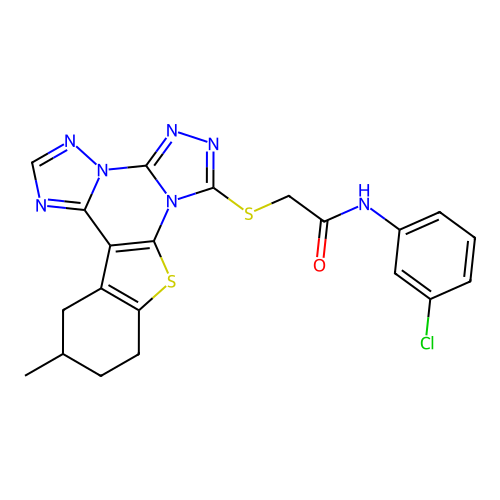 N-(3-chlorophenyl)-2-((12-methyl-10,11,12,13-tetrahydrobenzo[4,5]thieno[3,2-e]bis([1,2,4]triazolo)[4,3-a:1',5'-c]pyrimidin-7-yl)thio)acetamide structure